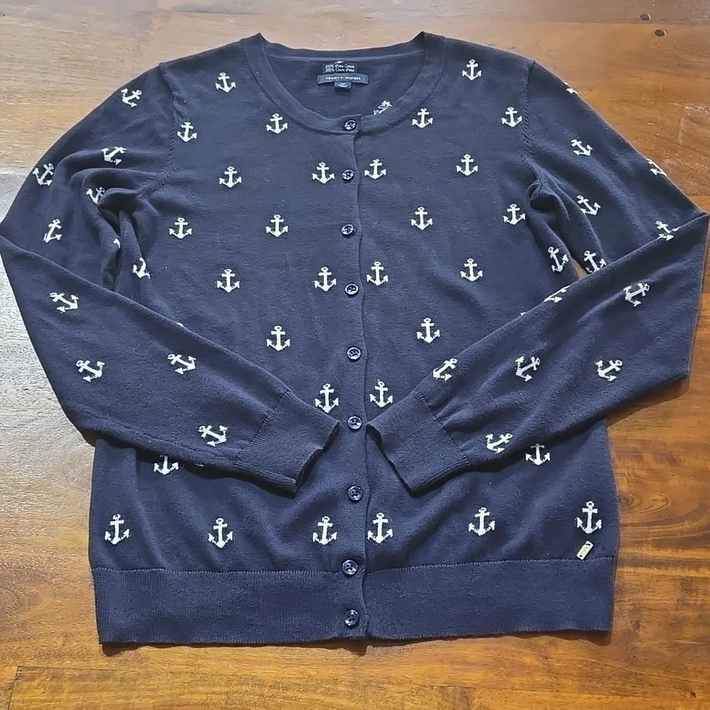 Tommy Hilfiger 100% Pima Cotton Navy Blue And White Anchor Cardigan Size Small